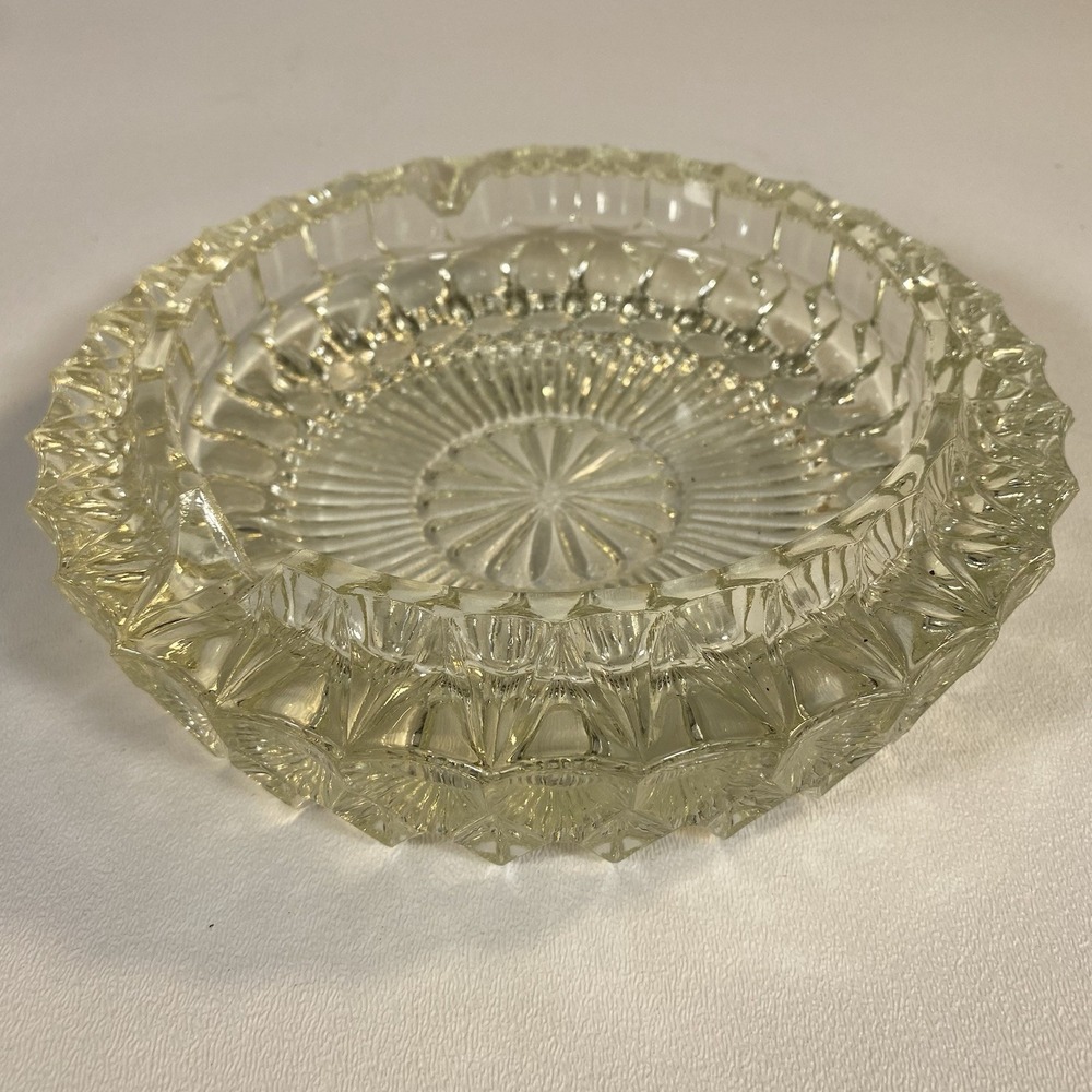 60s cut glass round ashtray key trinket holder - trinkets dish pale yellow tint